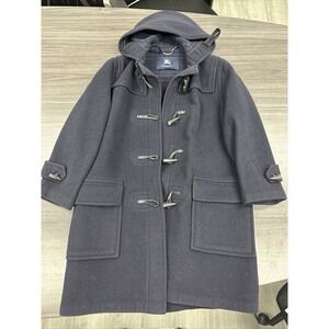 BURBERRY WOMENS WOOL COAT JACKET SIZE 8  NAVY BLUE LONG PEA COAT LONDON HOOD A46